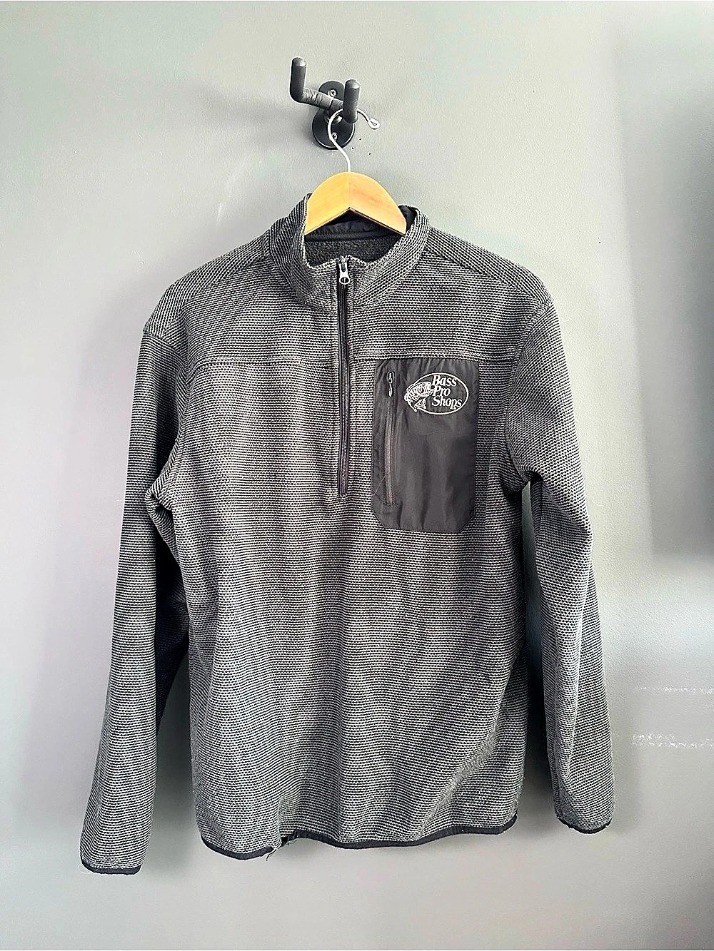 Bass Pro Shops Quarter Zip Grid Fleece Pullover Tech Chest Pocket Blue Grey M